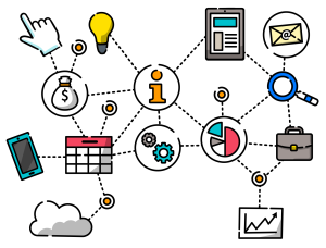 Cloud of connecting applications like a calendar or email icon, signifying the remote hiring process.