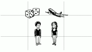 Zwei Scribbles zeigen sich ansehende Personen die unter zwei Scribbles von einem Spielwürfel und einem Flugzeug zu sehen ist.