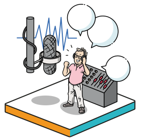 A man with headphones on speaking to a microphone depicting the professional voiceover simpleshow offers as a service