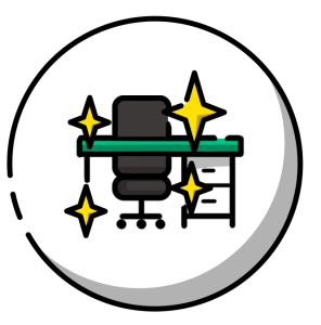 Ein Schreibtisch mit Bürostuhl umringt von Sternen.