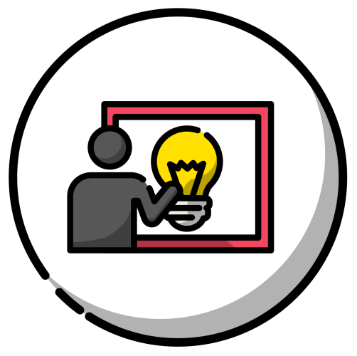 Ein Symbol mit einer grauen Figur, die ein Produkt erklärt, dargestellt durch eine Glühbirne in einem Bildschirm