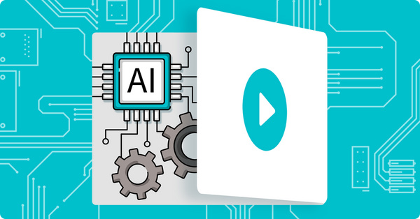 A white video screen with a teal button opening up to reveal an illustration of an AI-automated process on a teal background