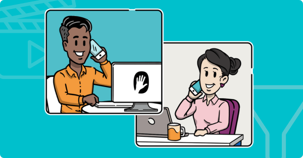 Two people having a call in front of a blue background.