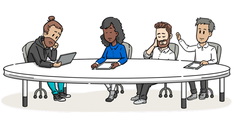 Four employees sitting at a conference table looking demotivated.