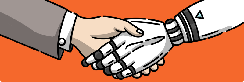 A human hand and a robot hand shaking each other signifying AI helping humans for brainstorming
