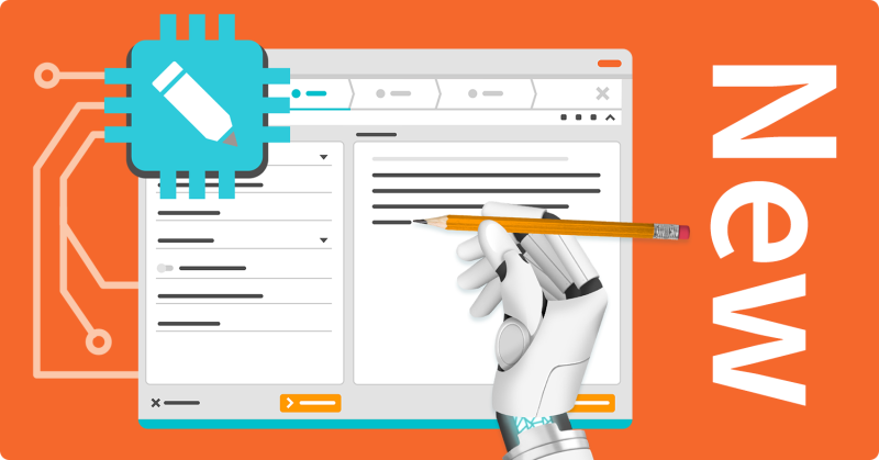 A robot hand writing a video script next to a box of text reading "New" signifying the new Story Generator.