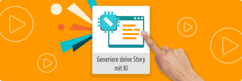 Eine Hand, die auf einen Kasten mit dem Story Generator-Logo zeigt, über dem der Text "Generiere deine Story mit KI" steht.