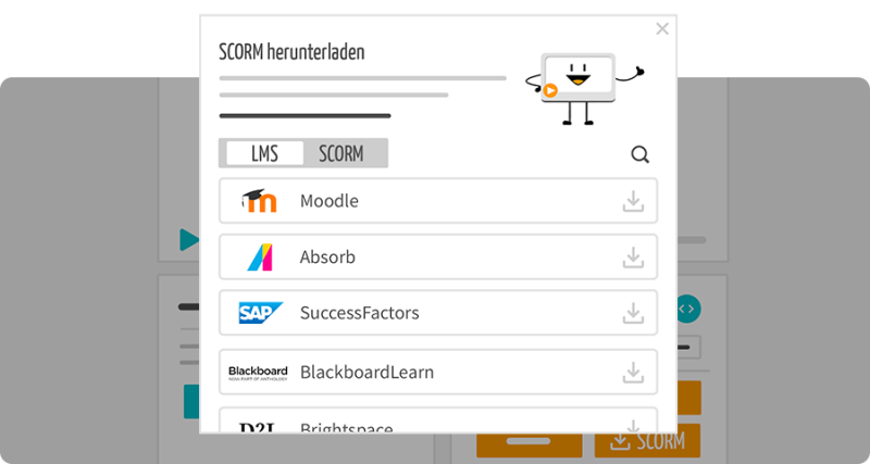 Ein Screenshot der Simpleshow-Video-Maker-Schnittstelle, der die Download-Optionen für die neue SCORM-Funktion zeigt.