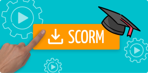 Eine Hand, die einen Finger auf eine Schaltfläche mit einem nach unten gerichteten Pfeil neben dem Text legt: "SCORM", der die neue SCORM-Funktion symbolisiert.