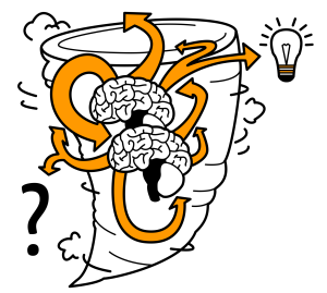 A tornado with brains and arrows pointing at a lightbulb and a questionsign. The brainstorm is supported by ChatGPT