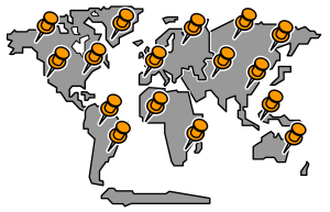 Eine Weltkarte mit verschiedenen Destinationen.