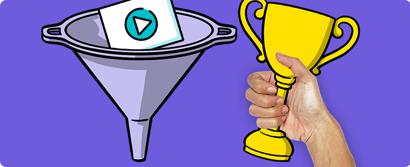 funnel with video and a hand holding award