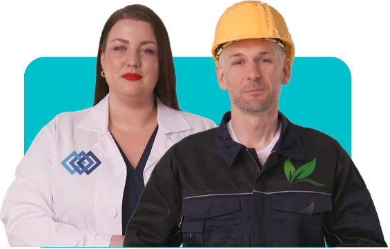 Woman with a lab coat with a logo. Man with a construction outfit with a logo on it.