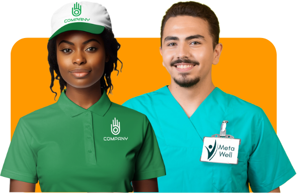 Woman in a branded polo and baseball hat. Man in a nurse outfit with a company branded label.