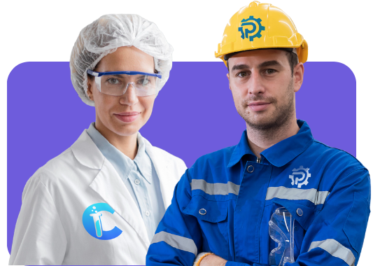 A woman in a branded lab outfit. A man in a branded factory outfit.